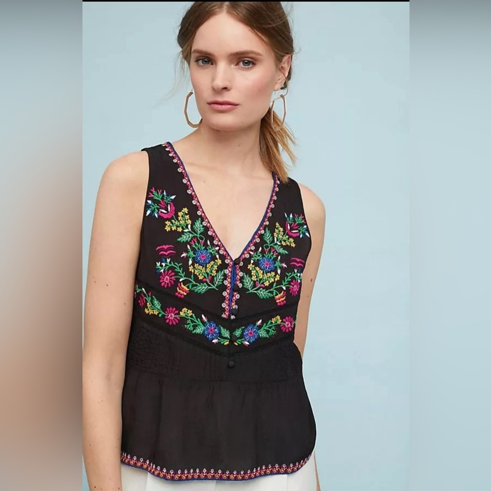 Anthropologie Maeve Carlotta Heavily Floral Embroidered Boho Tunic Blouse Sz S